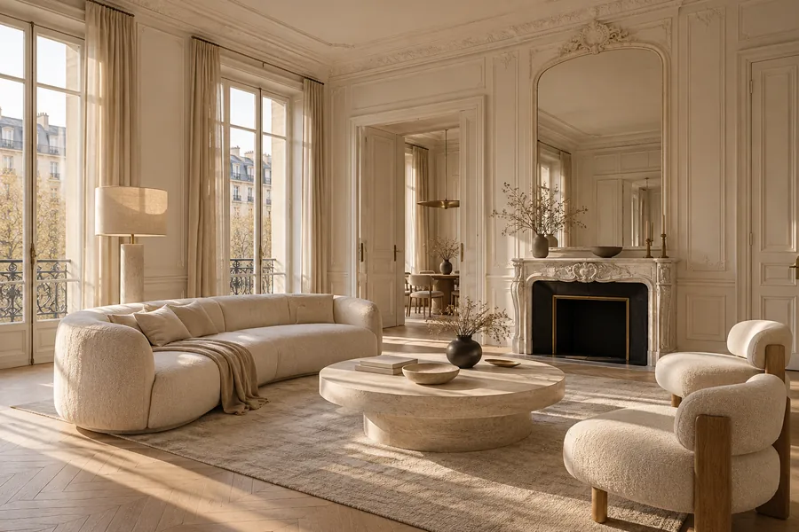 Appartement Monceau à Paris, salon lumineux aux matières naturelles