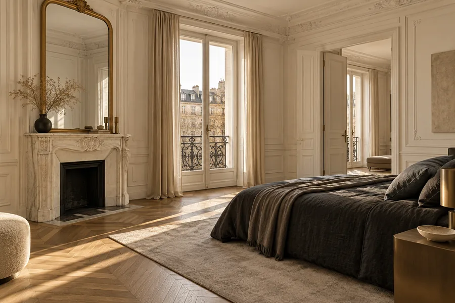 Chambre de l’hôtel particulier Saint-Ange, décor restauré et matières sobres