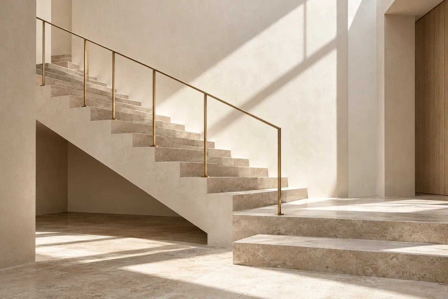 Escalier de la villa Le Cèdre : marches en pierre claire, main courante en laiton, ombres portées nettes