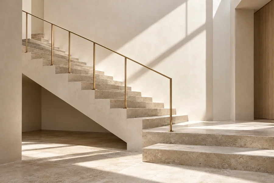 Escalier de pierre de la villa Le Cèdre, marches monolithiques et lumière naturelle